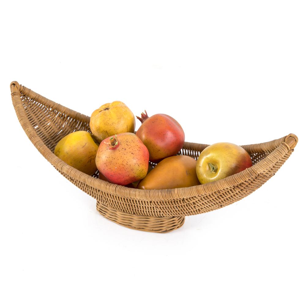 Wicker Crescent Boat Fruit Basket w. Faux Fruit - Gil & Roy Props